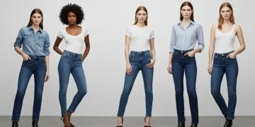 Diverse models showcasing various flattering denim styles for different body types in 2025