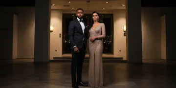 Couple in modern black tie and elegant gown for 2025 formal event