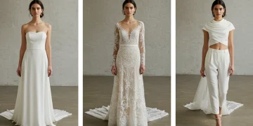 Three diverse brides embodying 2025 US wedding dress trends: sustainable, personalized, versatile