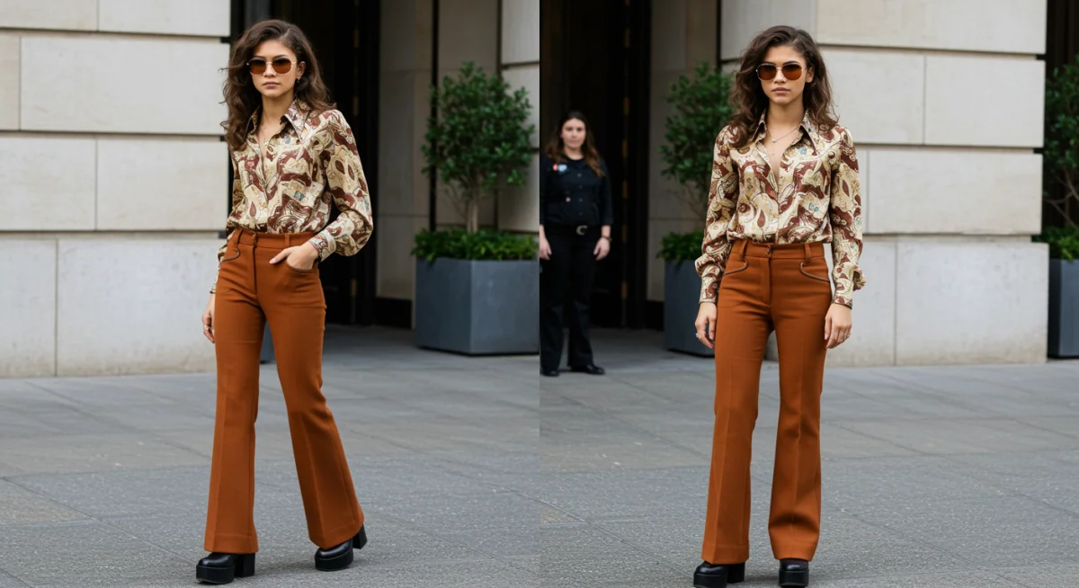Celebrity in 70s-inspired flared trousers, silk shirt, and platform shoes.