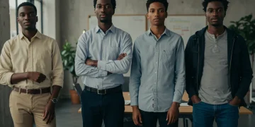 Diverse individuals wearing adaptable smart-casual hybrid lifestyle fashion in a modern setting.