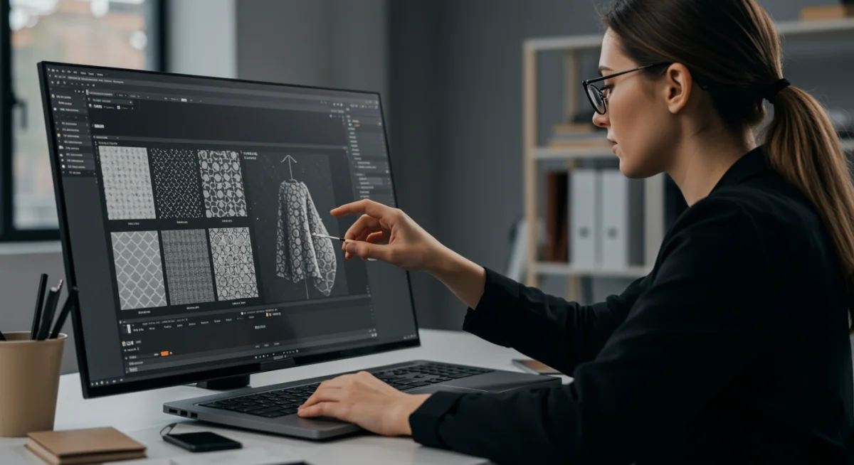 Fashion designer using AI software for 3D textile design and virtual prototyping
