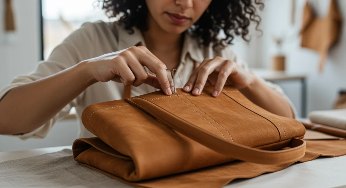 Artisan crafting a bespoke luxury handbag from sustainable materials.