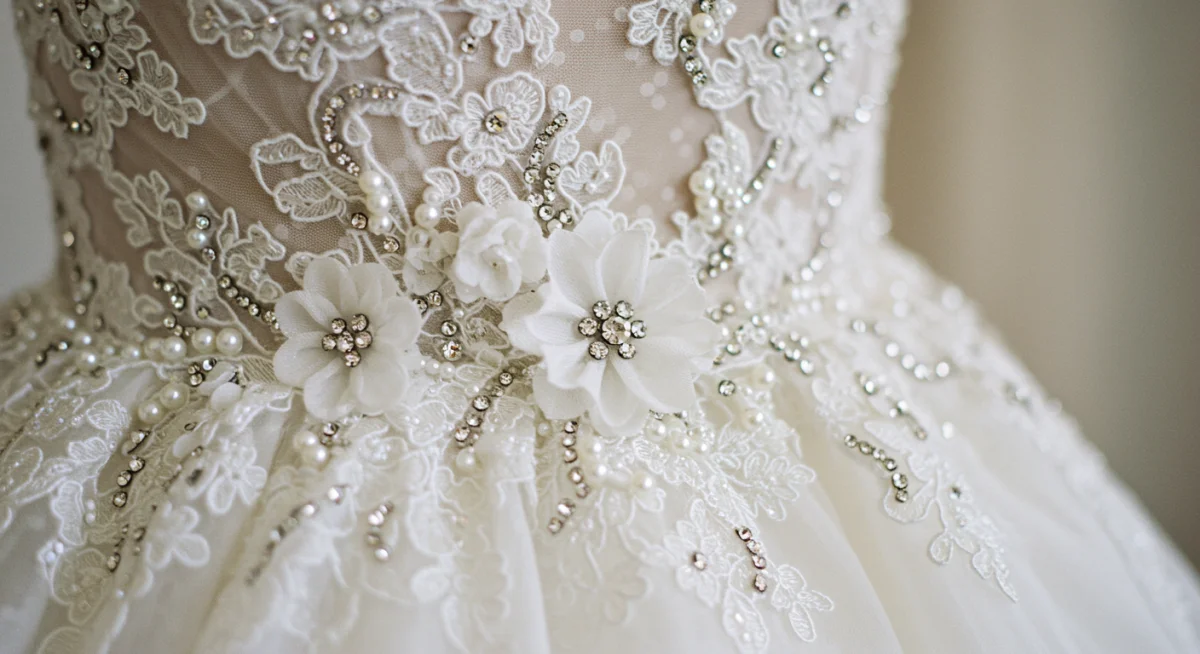 Close-up of bridal gown embellishments, pearls, crystals, floral appliques, craftsmanship
