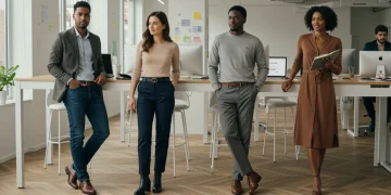 Diverse professionals in modern business casual attire in an office setting