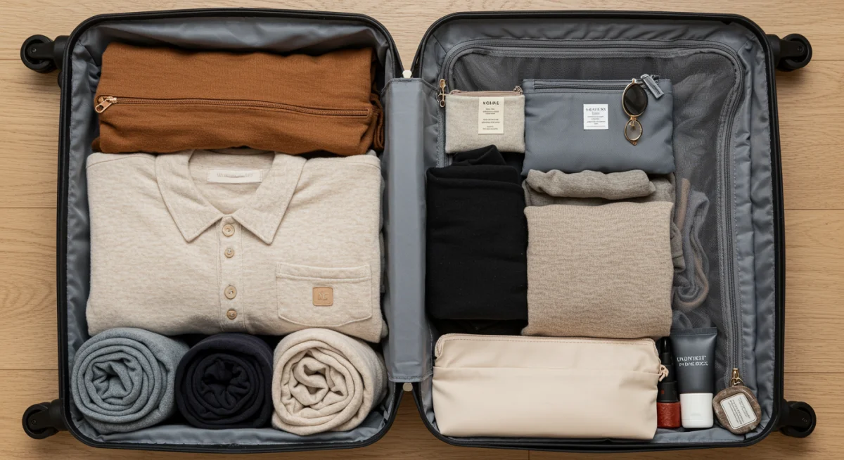 Organized capsule wardrobe inside a suitcase for efficient packing