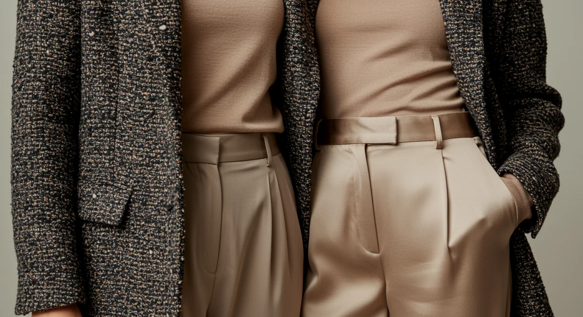 Close-up of cashmere, tweed, and satin fabric interplay in an elegant outfit