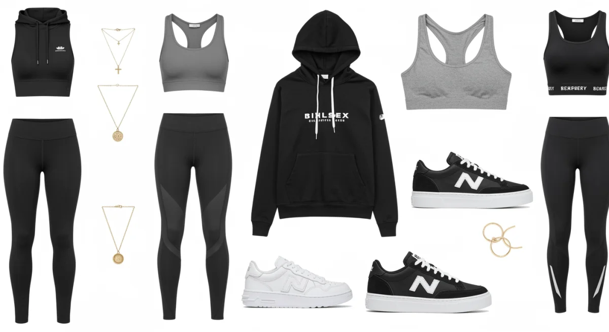 Curated flat lay of celebrity athleisure garments and accessories, showcasing diverse styles.