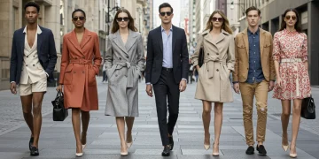 People confidently walking, inspired by celebrity fashion, showcasing diverse and stylish outfits in an urban setting.