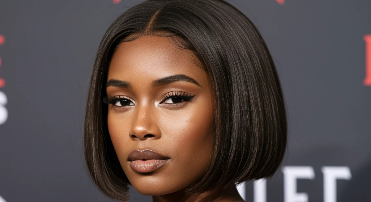 Close-up of a celebrity sporting a sleek 'liquid bob' haircut, exuding modern elegance