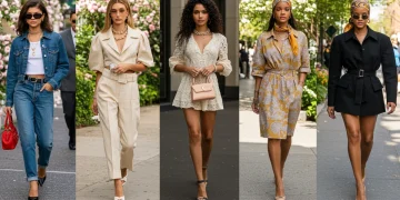 Celebrities showcasing spring 2025 accessory trends: oversized sunglasses, sculptural necklace, mini handbag, headscarf, and slingback heels.