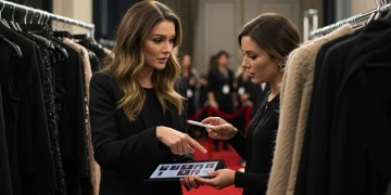 Celebrity stylist and publicist collaborating on a high-fashion image campaign strategy backstage.