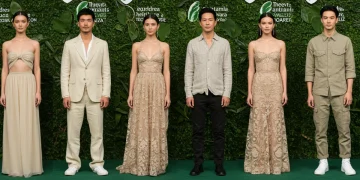 Celebrities showcasing sustainable fashion on a red carpet in 2025