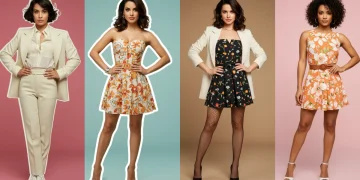 Four celebrities in distinct retro outfits showcasing vintage fashion trends for 2025.