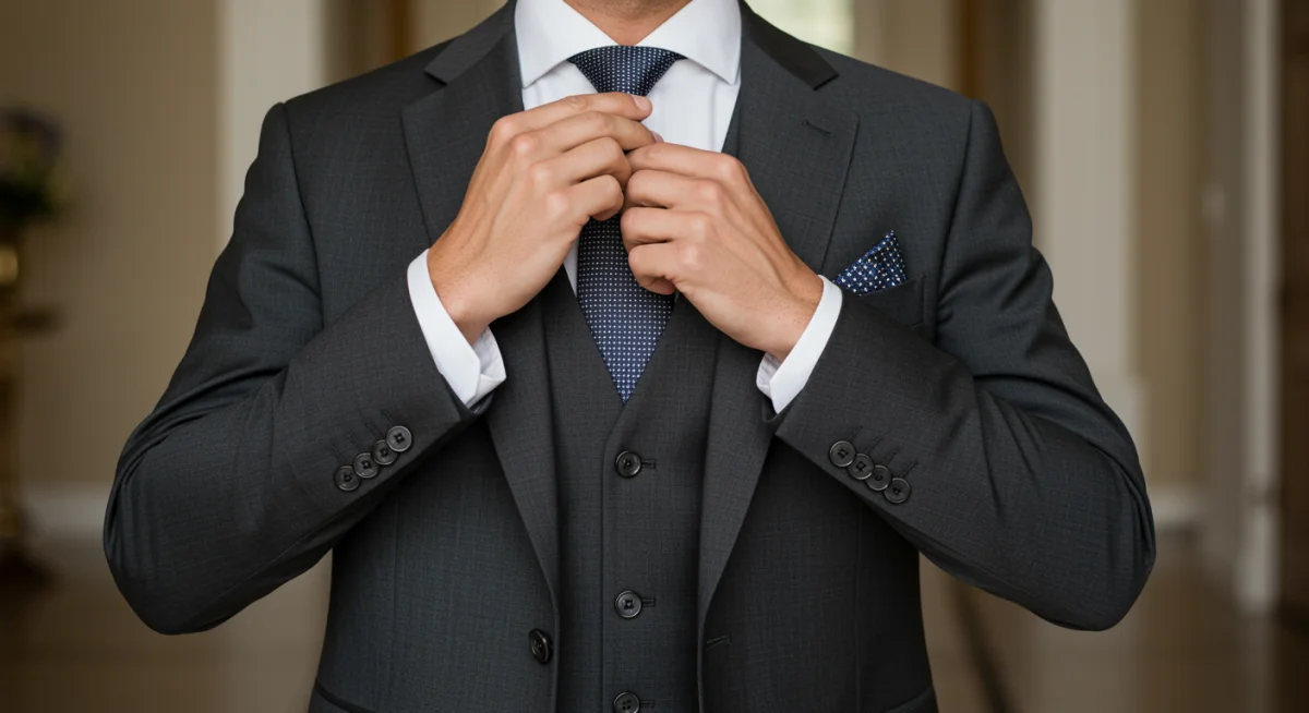 Man in sophisticated charcoal grey three-piece formal suit