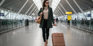 Woman in chic travel outfit with carry-on at airport