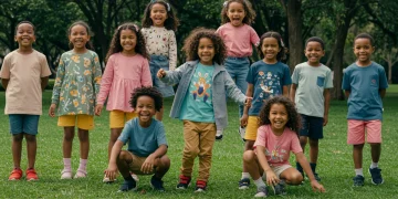 Children happily modeling 2025 fashion trends in a park, featuring sustainable, colorful, and comfortable clothing.