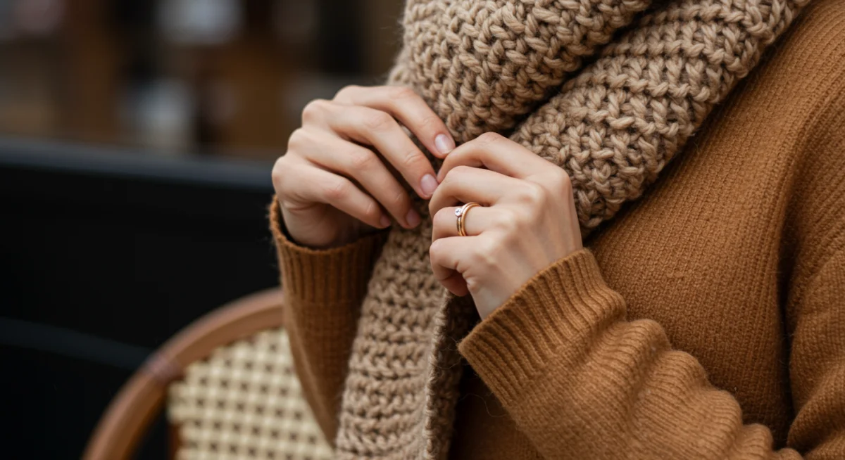 Close-up of hands adjusting a chunky knit scarf over a cashmere sweater, highlighting fall textures.