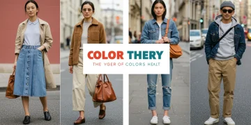 Diverse individuals applying color theory in fashion, modern setting