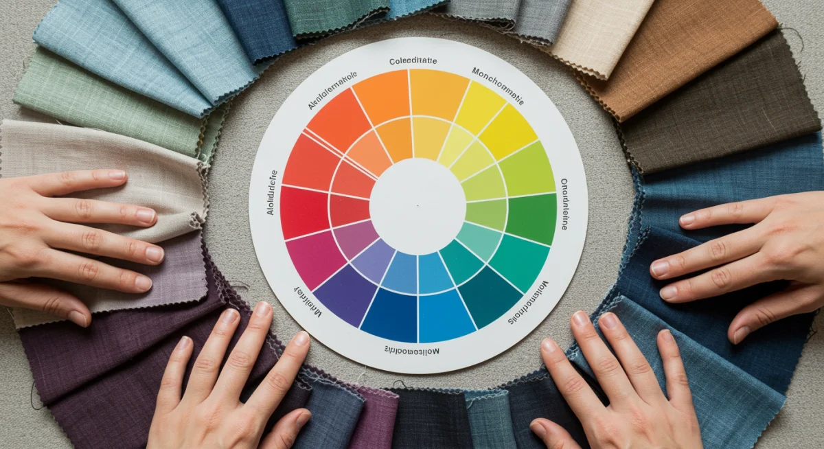 Color wheel with fabric swatches demonstrating color schemes