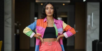 Woman in vibrant bold outfit palette, confident pose