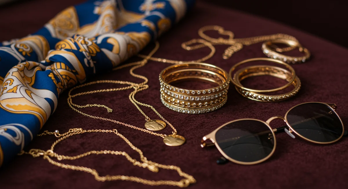 Collection of delicate gold necklaces, bangles, silk scarf, and sunglasses