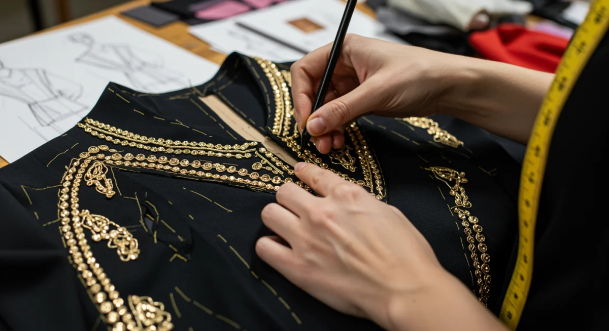 Designer's hands crafting a bespoke luxury garment