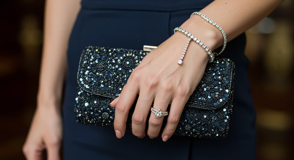 Exquisite diamond jewelry and embellished clutch bag complementing glamorous special event styling