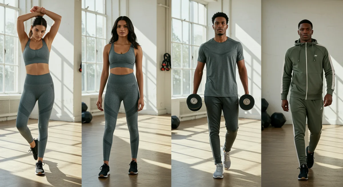 Diverse group in modern athleisure wear at a gym, active and stylish