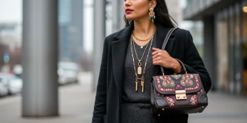 Woman showcasing elegant accessories in a modern urban setting, embodying contemporary fashion.