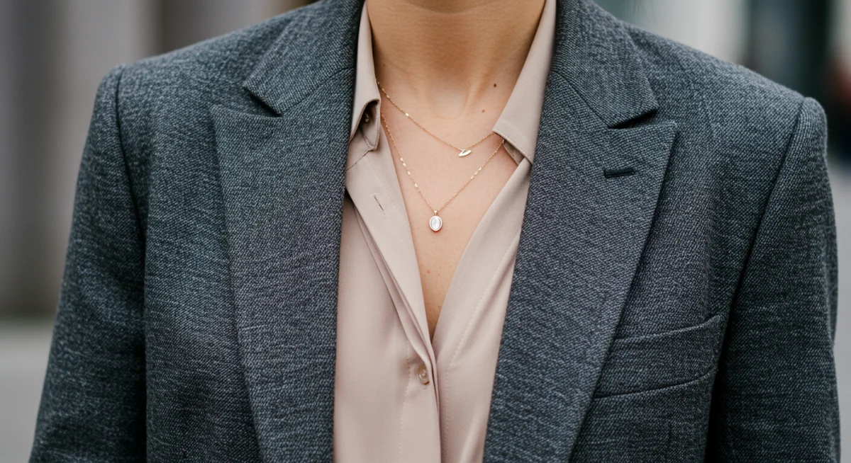 Close-up of a meticulously tailored blazer and silk blouse, exemplifying elevated basics.