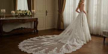 Celebrity Bridal Fashion 2025: 3 A-List Gowns Setting New Trends Ethereal celebrity wedding gown 2025, intricate lace, flowing train, luxurious backdrop