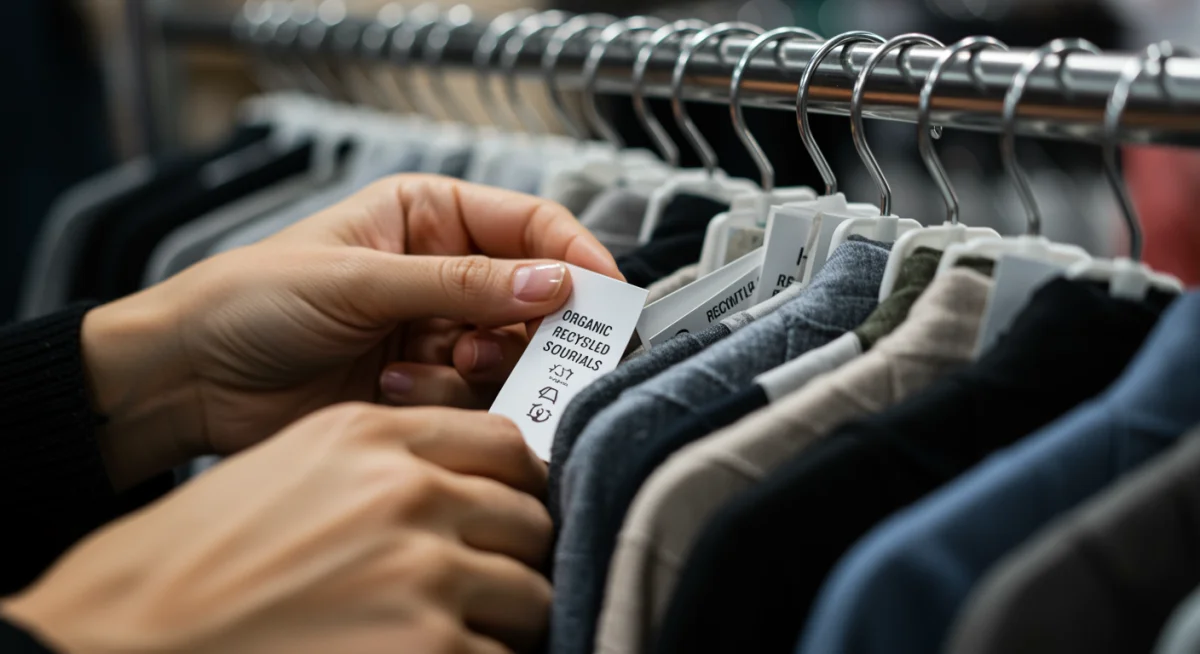 Hands examining clothing tags for sustainable and ethical certifications.