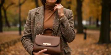 Woman in stylish fall 2025 fashion outfit, layered with warm colors and a plaid blazer.