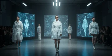 Futuristic fashion runway showcasing AI-designed digital garments for 2025 US trends