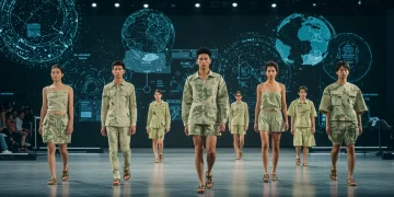 Futuristic fashion runway with models in sustainable and digitally enhanced attire, symbolizing global influences