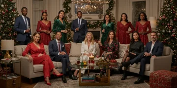 Diverse group in stylish Holiday Season 2025 outfits, celebrating in a festive living room.