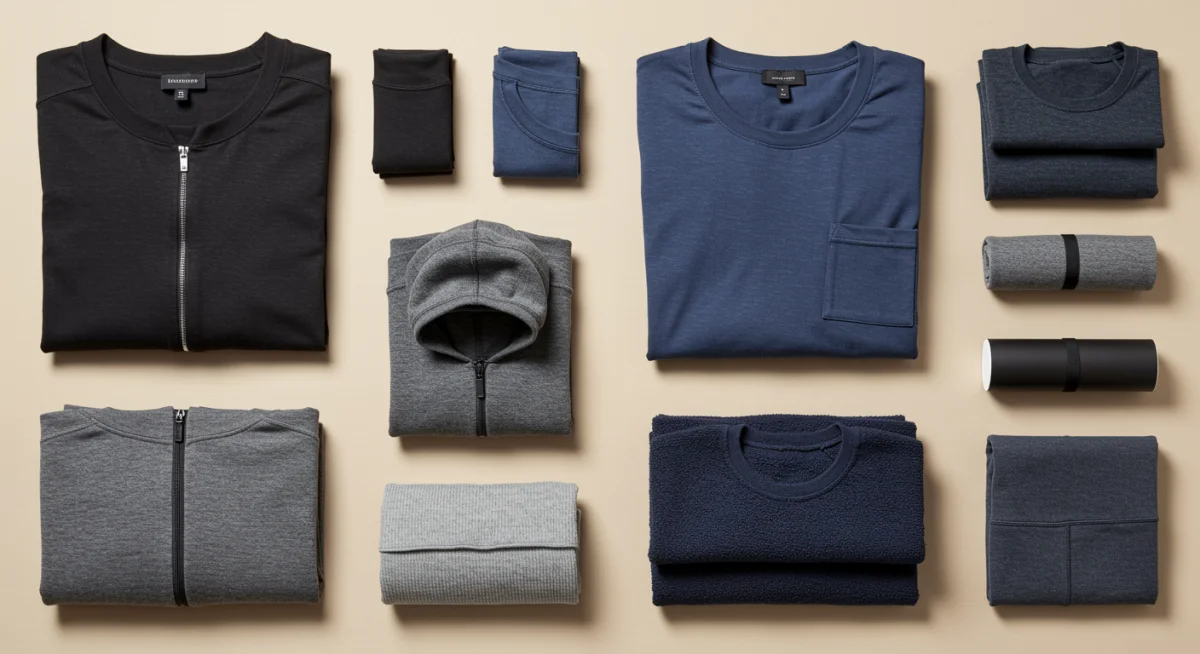 Variety of hybrid comfort wear garments on flat lay