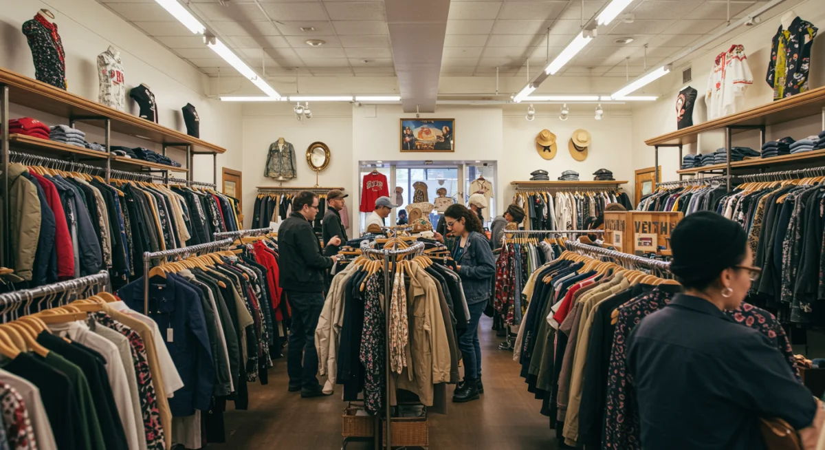 Inside a bustling vintage clothing store, racks filled with retro US garments, shoppers browsing for unique style finds.