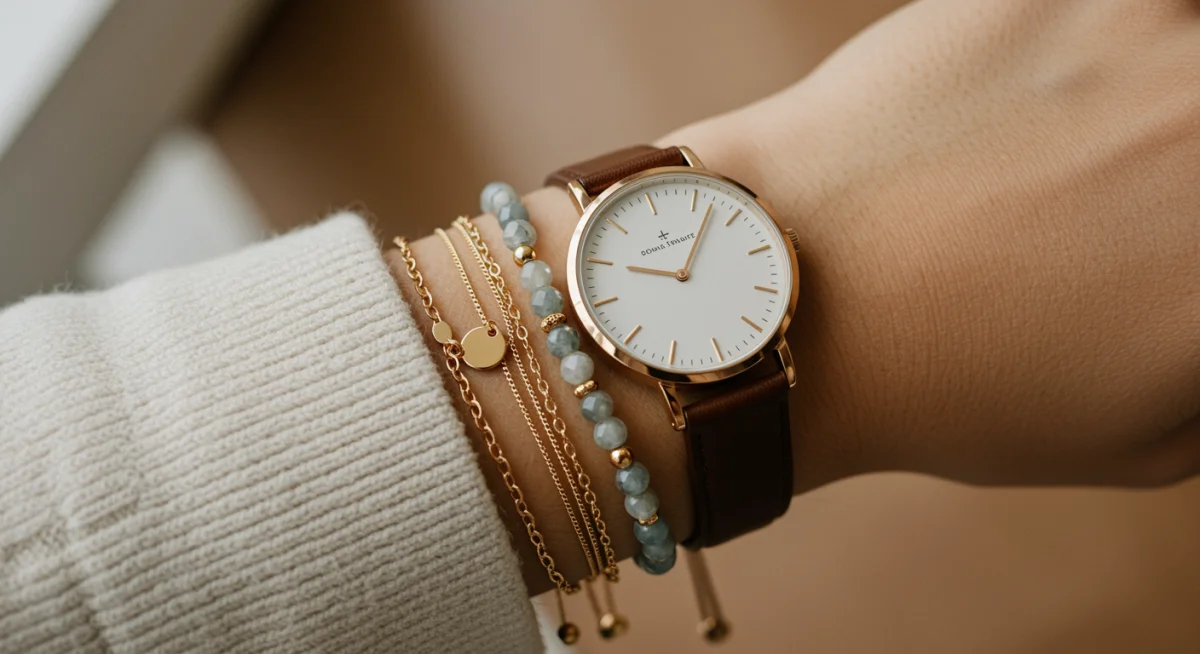 Close-up of a stylish wrist with layered bracelets and a minimalist watch, demonstrating accessory power.