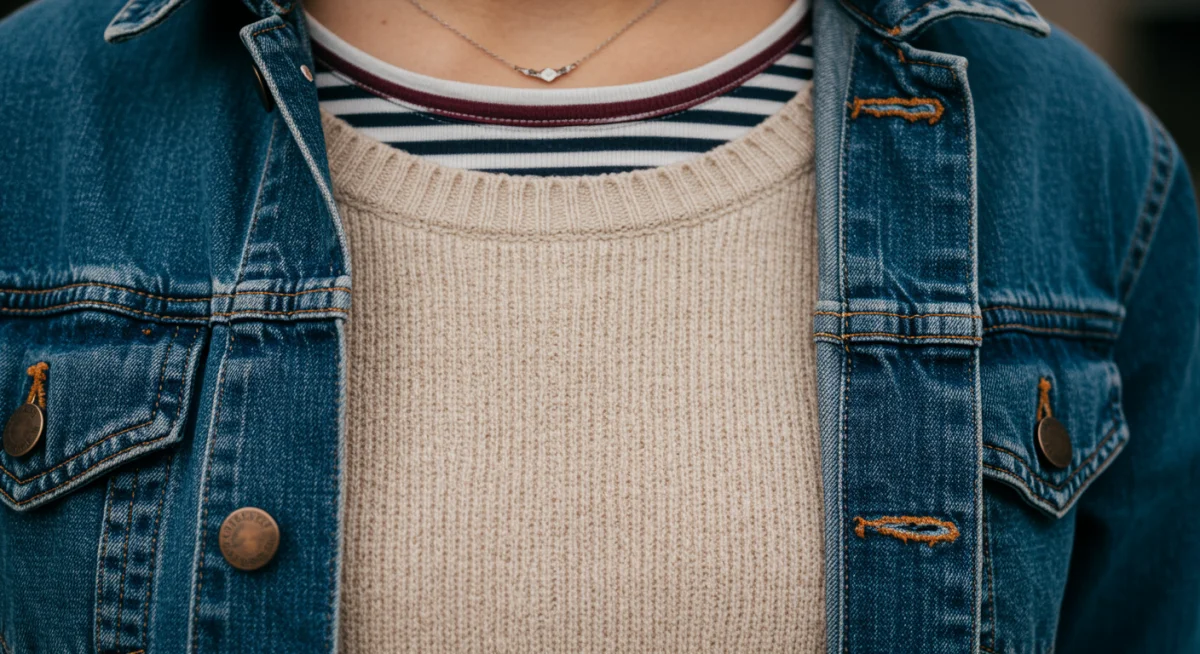 Close-up of layered outfit showcasing diverse textures and patterns