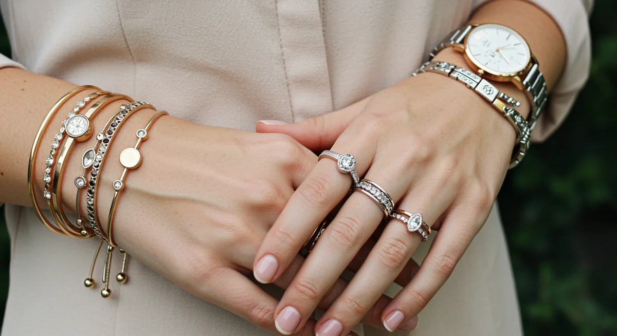 Stylish hands with layered rings and bracelets, demonstrating mixed metal accessory trends.