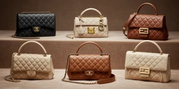 Six iconic luxury designer handbags, including Chanel, Hermès, Dior, Fendi, Bottega Veneta, and Celine, displayed as valuable investment pieces for 2025 fashion.
