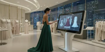 Woman interacting with digital fashion display in luxury boutique, highlighting future trends.
