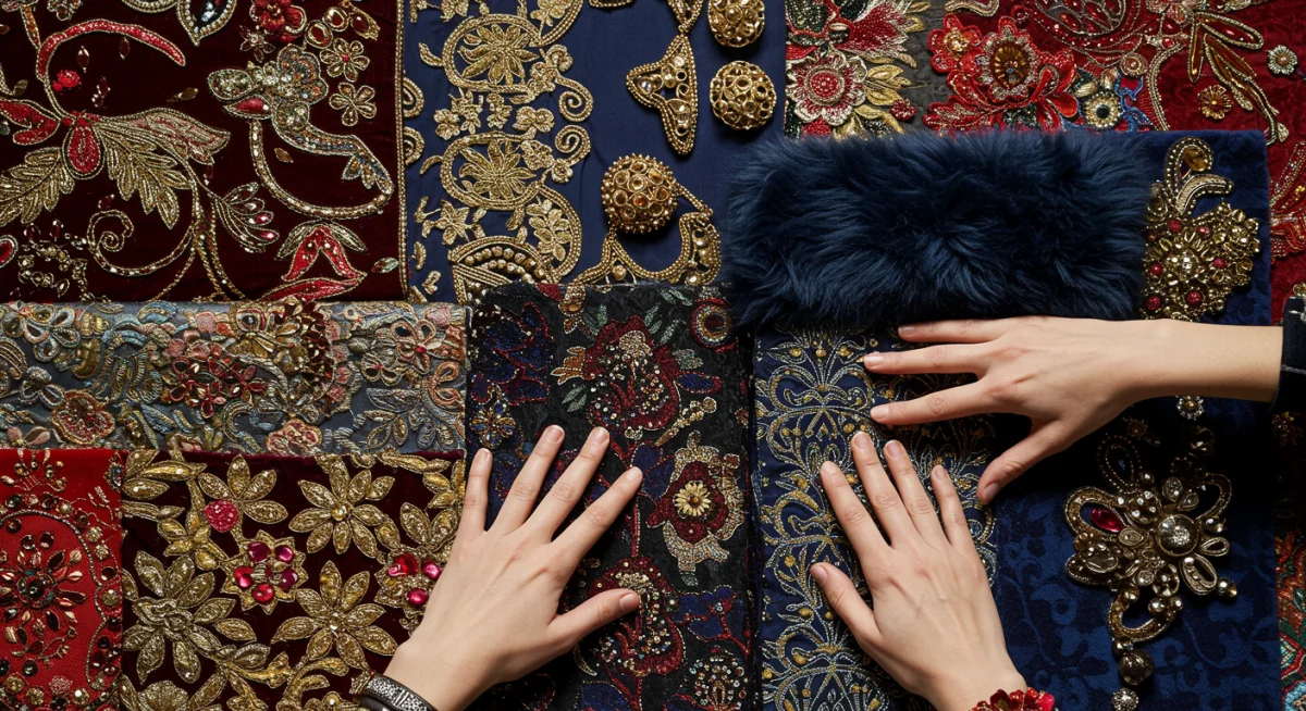 Close-up of rich textures and bold colors in maximalist fashion.