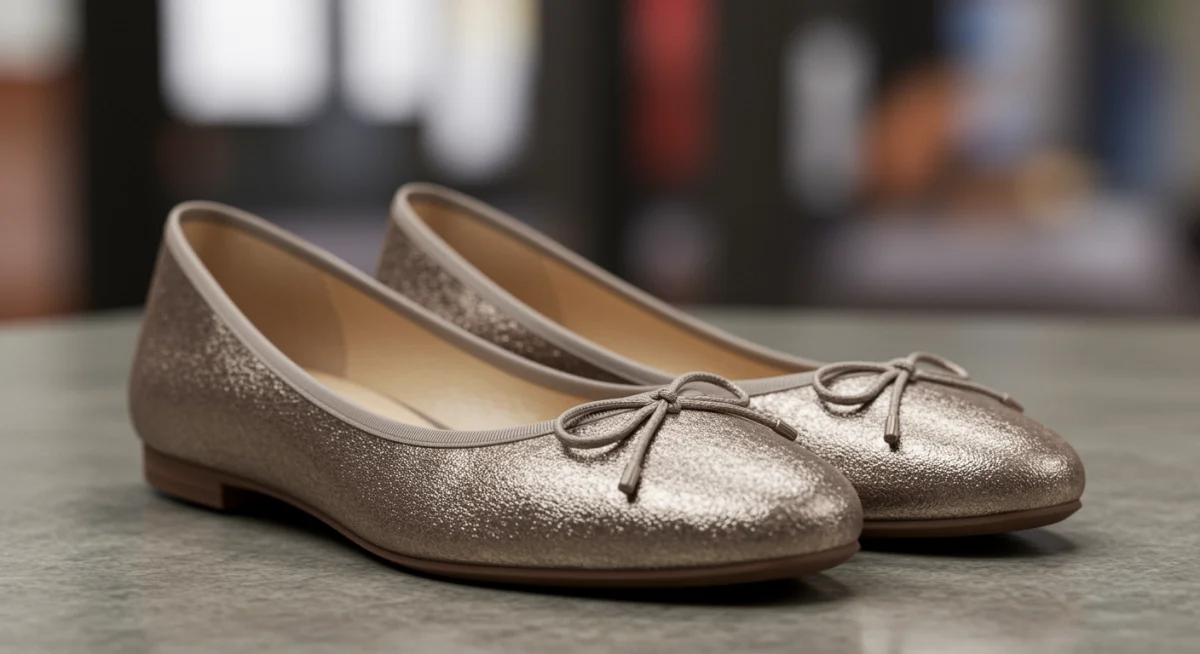 Close-up of metallic ballet flats, a key footwear trend for Fall 2025.