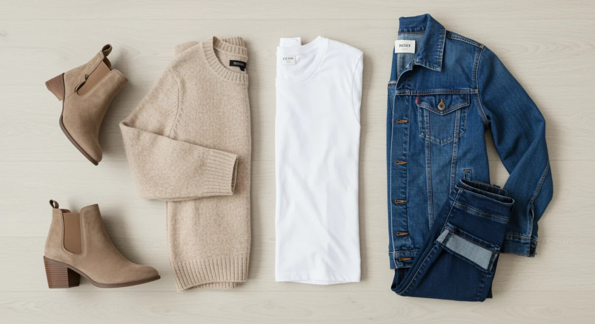 Minimalist layered outfit flat lay with t-shirt, sweater, denim jacket, jeans