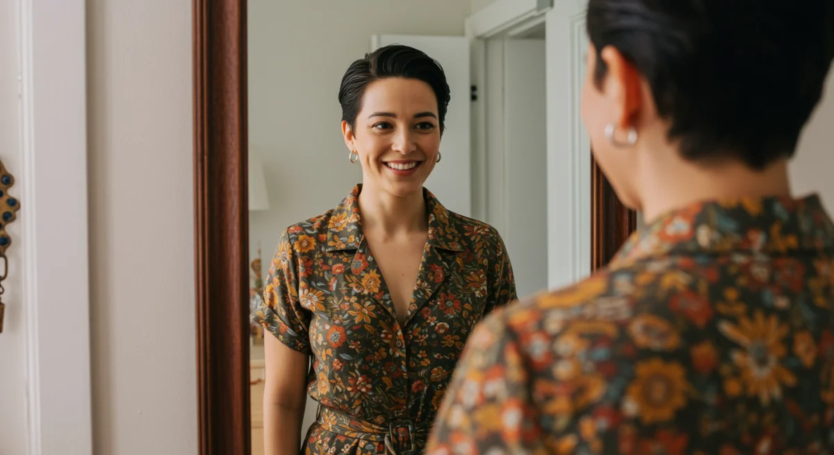 Person smiling confidently in a mirror, reflecting positive self-image through well-chosen clothing.