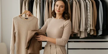 Woman confidently choosing mix-and-match clothing from organized closet