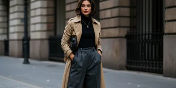 Woman in modern classic trench coat and tailored trousers